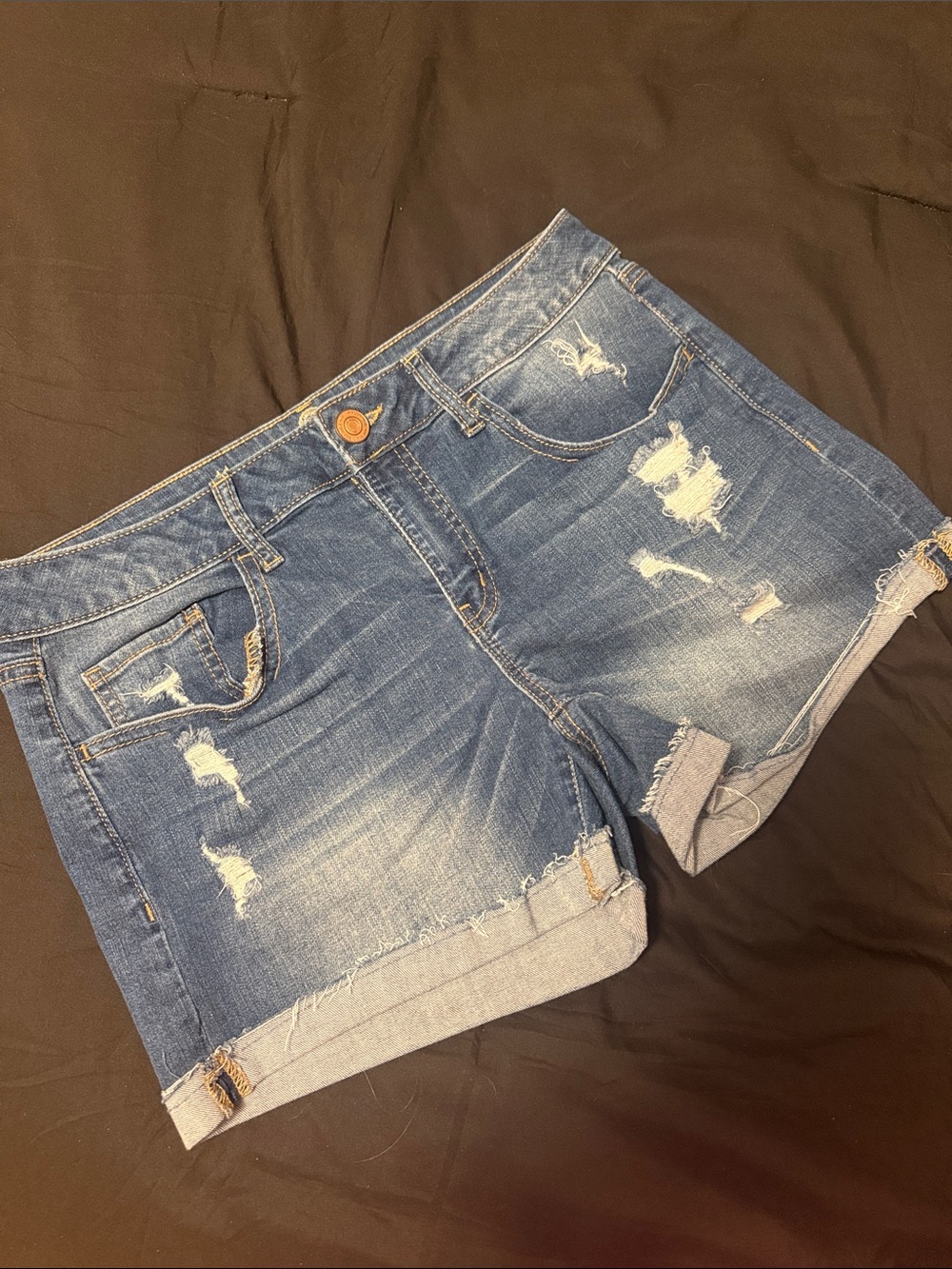 SO Distressed Rolled Hem Denim Shorts - Blue